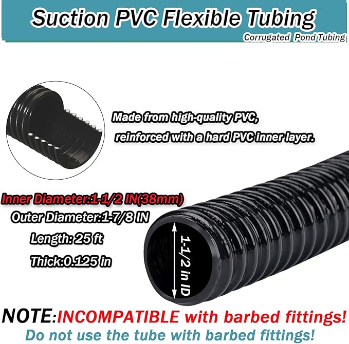 Pond Tubing,1-1/2 inch PVC Flexible Pond Hose, Black Corrugated Waterfall Sump Pump Hose,Drainage Pipe, Kinkproof for Garden Ponds, 1-1/2"x25FT