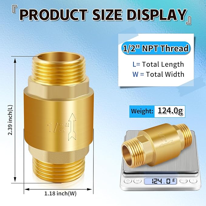Boltigen 2Pcs 1/2in NPT Spring Check Valve, Brass Non Return One Way Check Valve, Vertical Inline Water Backflow Preventer for Well, Pump, Tank (1/2" Male x 1/2" Male(DN15))