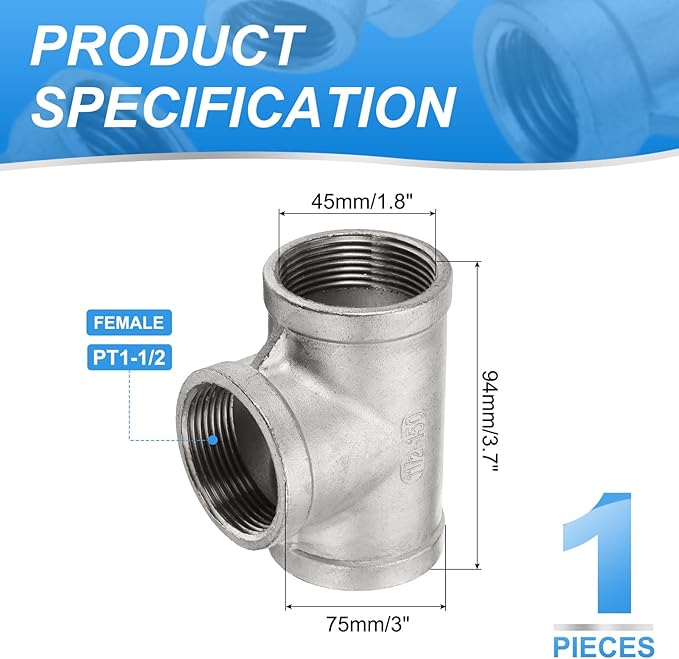 uxcell 304 Stainless Steel Tee Pipe Fittings G1-1/2" Female Tee Adapter 3 Way t Shaped Cast Pipe Fitting Connector with Seal Tape for Plumbing Drainage Pipes Heating Systems