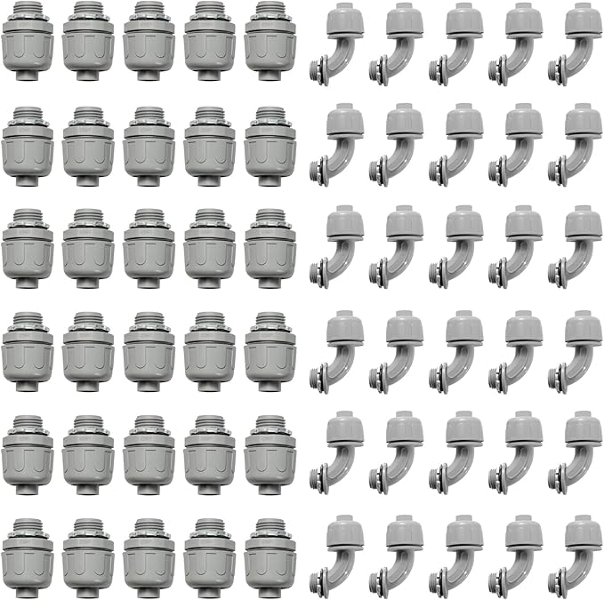 Conduit Connectors, 1/2 Inch Liquid Tight Connector NPT Non-Metallic for PVC Electrical Flexible Conduit Fittings, 30 Straight and 30 Angle 90 Degree, UL Listed, Grey (60-Pack)
