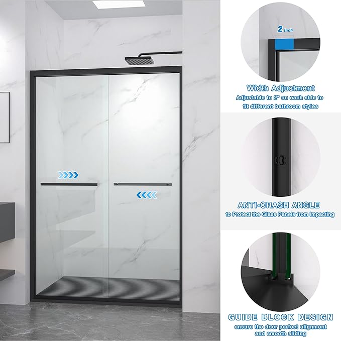 KEIKI Double Sliding Shower Door 44"-48" W x 72" H, 5/16 inch Tempered Glass Door for Walk-in Shower,Bypasss Bathroom Shower Enclosure, with Towel Bar & Mute Sliding Rollers,Matte Black Finished