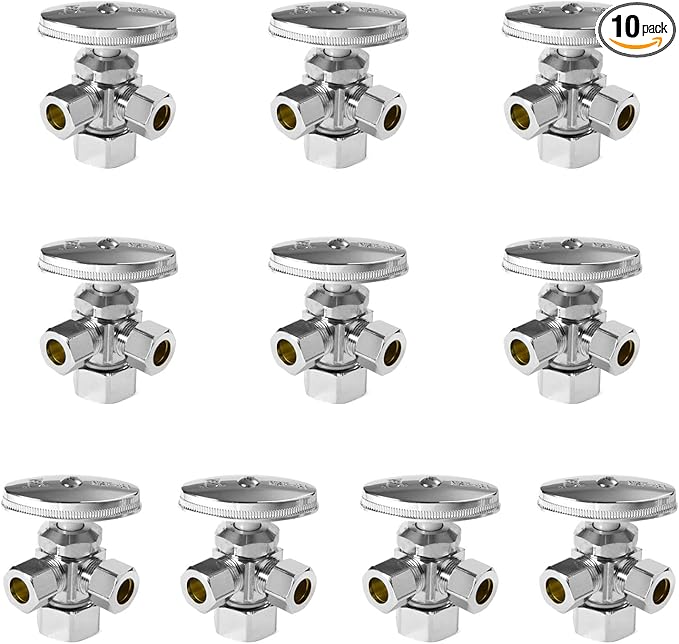 (Pack of 10) EFIELD Dual Compression Outlet Angle Stop Valve, Multi-Turn, 1/2" NOM (5/8" OD x 3/8" x 3/8") Chrome Plated,(VALVE060-10PCS)