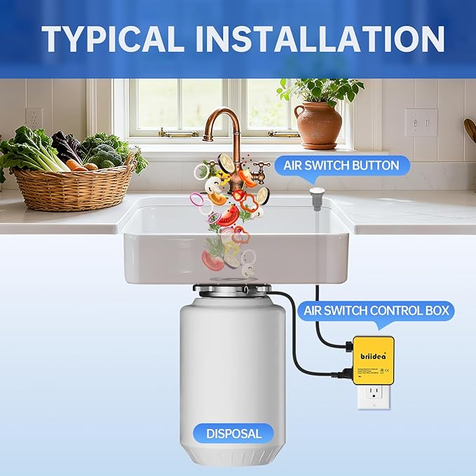 Garbage Disposal Air Switch Kit Sink Top Waste Disposal Stainless Steel White On/Off Air Button Food and Waste Disposals Part by Briidea, UL Listed