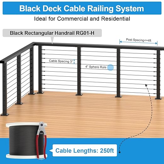 36" Cable Railing Post Kits, Flat Top Cable Post System Includes 4Pack 35" Level Drilled Posts, 1/8" Black Wire Rope w/Cutter, Swageless Cable Railing Tensioner System Kit(No Handrail), RG31