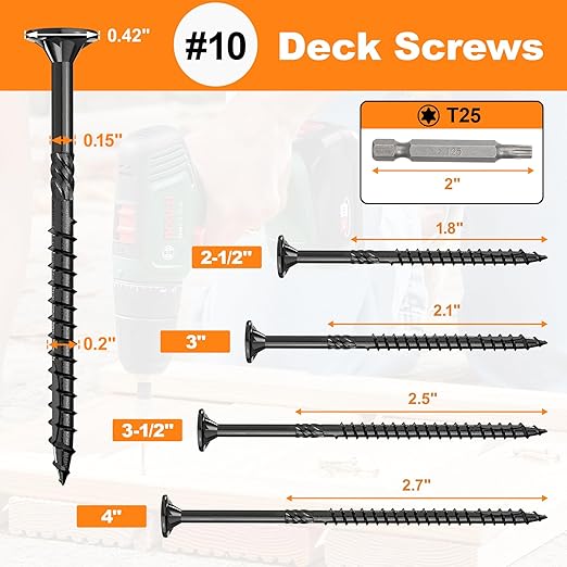 #10 x 2-1/2” Deck Screws, 108Pcs Star Drive Wood Screws, Rust Resistant Timber Screws for Timber/Log/Landscaping Wood, T25 Star Bit Included, Black