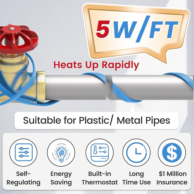 MAXKOSKO 40Ft. 120V Dual Lights Pipe Heating Tape, Self-Regulating Heat Trace for Metal & Plastic Water Pipes, Frost Protection for RV, Drain, Sewer (-40°F/-50°C)