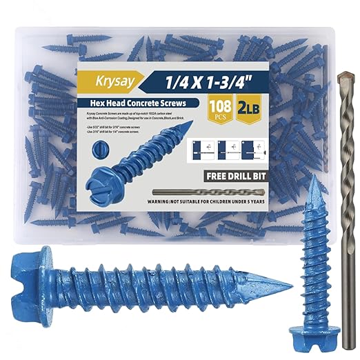 108Pcs 1/4 x 1-3/4 in Concrete Screws with Drill bits,Masonry Screws for Concrete Assortment Kit,Hex Head Block Cement Stacoo Screws and Anchors,Diamond Point,Blue Coated(2LB)