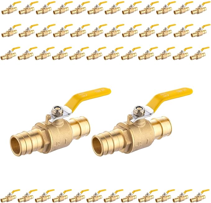 50-Pack Foskan 1" Brass PEX-A Ball Valve with Yellow Handle, Quarter Turn Full Port Valve for PEX-A Pipe Connection