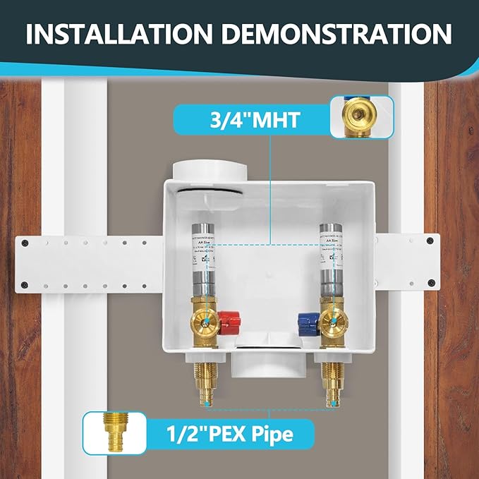 Washing Machine Outlet Box, Center Drain/Side Drain, 1/2 Inch Pex Crimp Inlet x 3/4 Inch MHT Outlet Connection, with Stainless Steel Water Hammer Arrestor (Pack of 2)