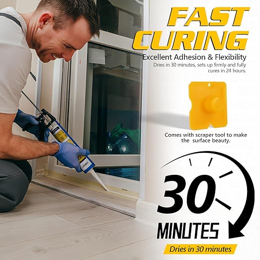 White Advanced Silicone Caulk, 100% Waterproof Silicone Sealant Indoor Outdoor Caulking for Window, Door, RV, Roof, Auto & Marine, Kitchen, Bathroom, Glass,15.2 oz（6-Pack） No Odor