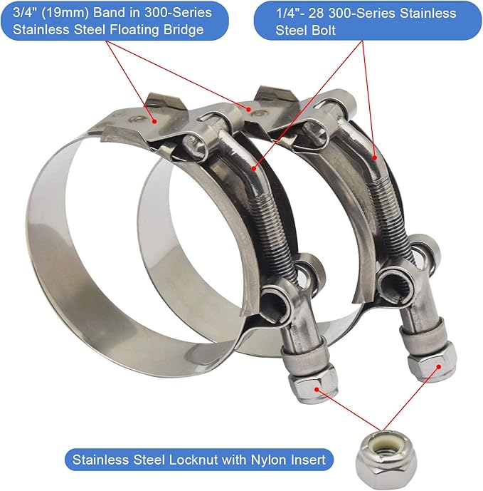 ROADFORMER 41mm - 47mm T-Bolt Hose Clamp - Working Range 1.62" - 1.85" for 1.75" Hose Outside OD, Stainless Steel Bolt and Band Floating Bridge and Nylon Insert Locknut (41mm - 47mm, 2 pack)