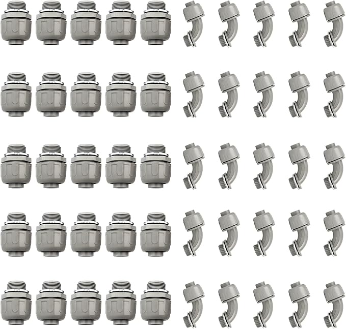 Conduit Connectors, 3/4 Inch Liquid Tight Connector NPT Non-Metallic for PVC Electrical Flexible Conduit Fittings, 25 Straight and 25 Angle 90 Degree, UL Listed, Grey (50-Pack)