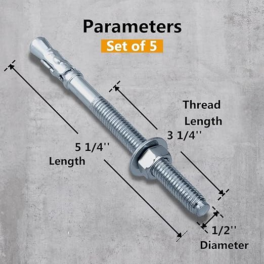 Party Animals 1/2 x 5-1/4 Inch Wedge Anchor, 5 PCs Zinc-Plated Industrial Anchor Bolts for Cement, Concrete