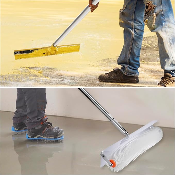 Self Leveling Tools Kit, Includes Spiked Roller, Rake Scraper, Spike Shoes, and Extension Pole for Concrete Floor and Epoxy Applications, Spiked Roller 20 inch 9 inch