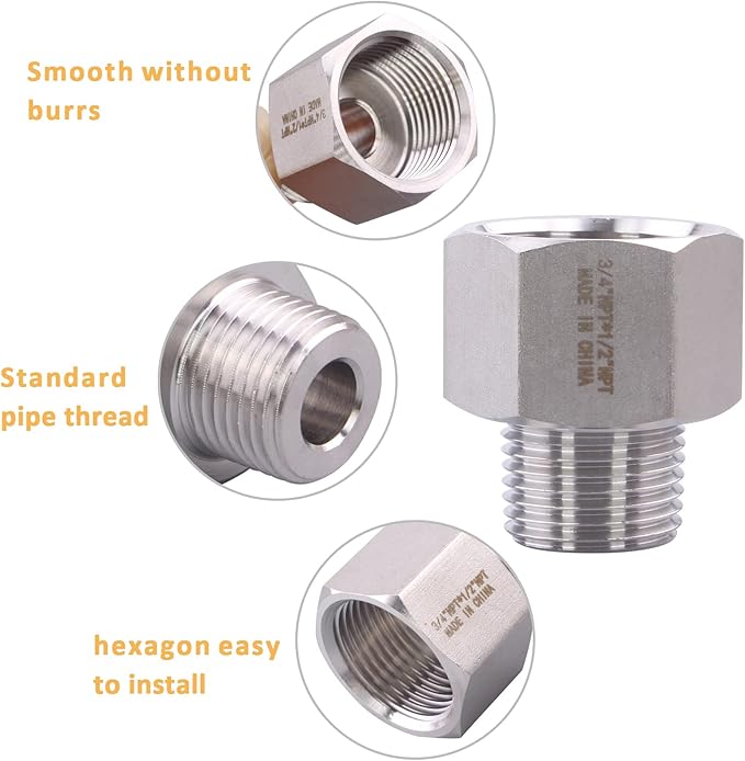 Forged Reducer Adapter Fitting - Stainless Steel 304 Reducing Pipe Connector, 3/4" NPT Female x 1/2" NPT Male (pack of 5)