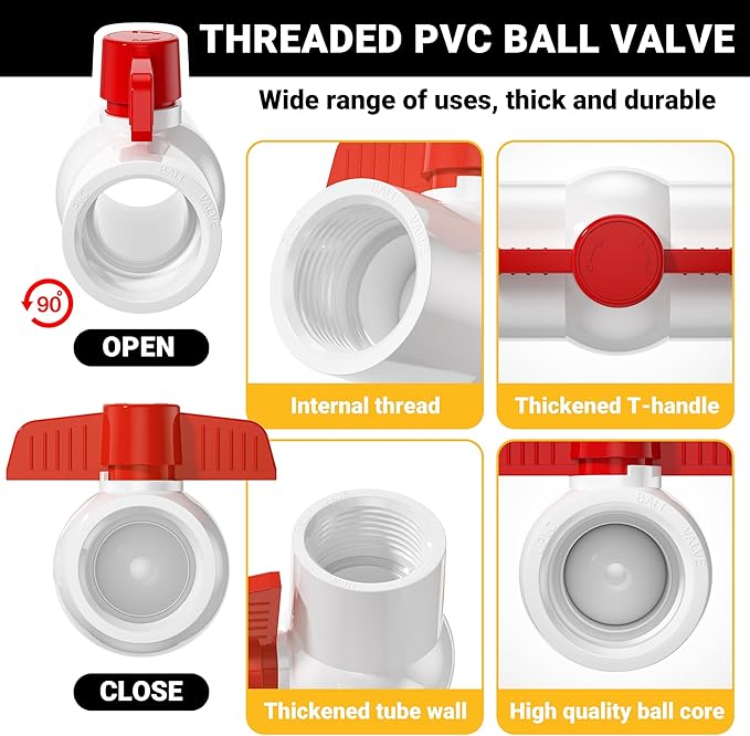 2 Pack 2'' NPT PVC Ball Valves, Red T Handle with Shut-Off Valve Socket, SCH40 Water Pipe Valve Threaded (NPT) for Water Project, Swimming Pool,Sewage Pump, Outdoor Plumbing & Irrigation System