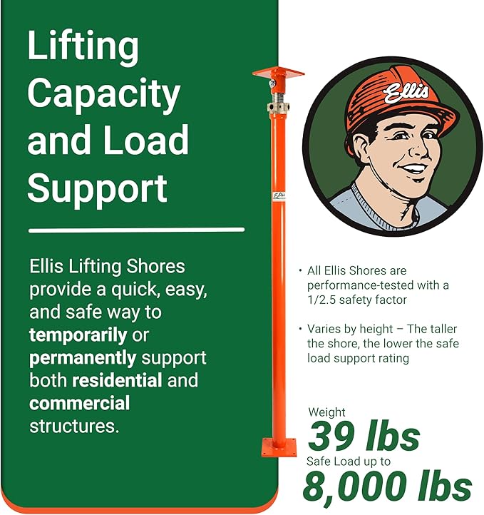 Ellis Manufacturing Light-Duty Steel Lifting Shore – Adjustable Basement Jack for Floor Leveling, Structural Support, Concrete, and Beams – 8,000 lb Safe Load Capacity – 62"-86" Adjustment