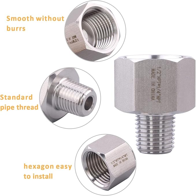 Forged Reducer Adapter Fitting - Stainless Steel 304 Reducing Pipe Connector, 1/2" NPT Female x 1/4" NPT Male (pack of 5)