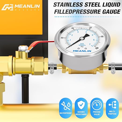 MEANLIN MEASURE 0-100Psi Stainless Steel Liquid Filled Pressure Gauge 1/4" NPT 2.5" FACE DIAL, with 1/4" 5/16" Barbed, WOG Water Oil Air (9Pieces KIT, Back Mount)