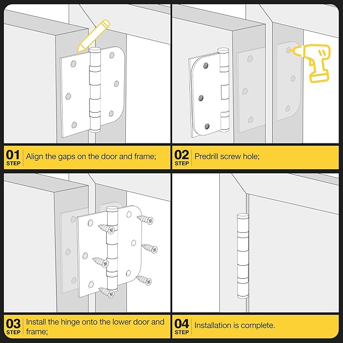 KOLET Ball Bearing Door Hinges, 3.5 x 3.5 Inches Exterior Door Hinges, Heavy Duty Stainless Steel Hinges, Square and 5/8'' Radius Corner, Smooth and Quiet, Non Removable Pin, Brushed Nickel, 6 Pack