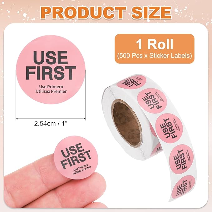 PATIKIL 500 Pcs USE First Stickers, 1 inch Round Use First Stickers Food Service Circle Inventory Control Adhesive Labels for Food Service Kitchen Restaurants Retail Storage Date, Pink