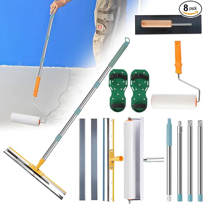 Self Leveling Tool Kits, Floor Rollers With Extensions Stainless Steel Trowels Self Leveling Rakes Shoes With Spikes Epoxy Flooring Tools Cement Concrete Self Leveling Tool Kits (8PCS)