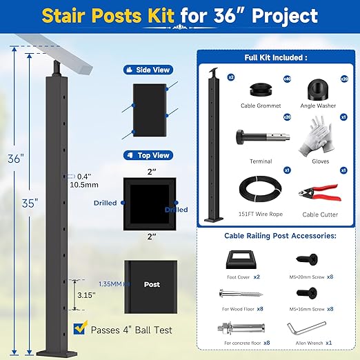 Upgraded 2-12FT Swageless Black Stair Cable Railing Post Kit 36 Inch, 2 Heavy-Duty T304 Stainless Steel Post Fit 28-38 Degree Stairway, Patent Reusable Terminal, Outdoor Finish(No Handrail)