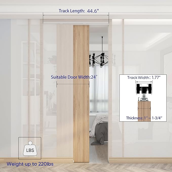 JUBEST 4FT Commercial Grade Pocket Door Hardware and Track Set, Sliding Door Hardware 44.69", Durable and Smoothly, Easy to Install