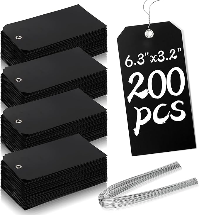 200 Pcs 6 1/4 x 3 1/8 Plastic Shipping Tags with Wire - Double-Sided Writable Price Tags for Retail - Rectangle Tie On Labels for Engraving Equipment, Garage, Moving (Black)
