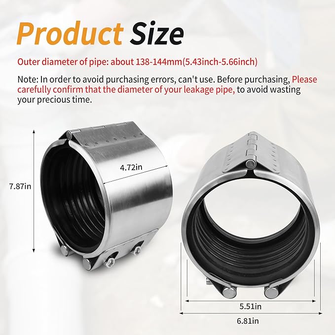 Pipe Repair Clamp Kit -5 Inch (138mm-144mm) High Pressure Resistant Pipe Coupling Clamp for Plastic&Metal Pipes, Emergency Duty Leak Sealer with Stainless Steel, Quick Fix for Water/Gas/Oil Lines ﻿