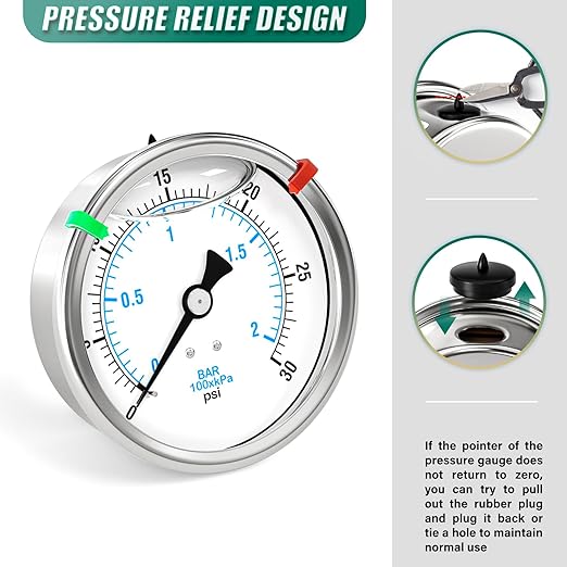 0-30PSI Stainless Steel Liquid Filled Pressure Gauge, 4" Dial Size, 1/4" NPT Back Mount, for Tube, Water Pump, Gas, Liquid, Pressure Test (with Range Mark Pointer)