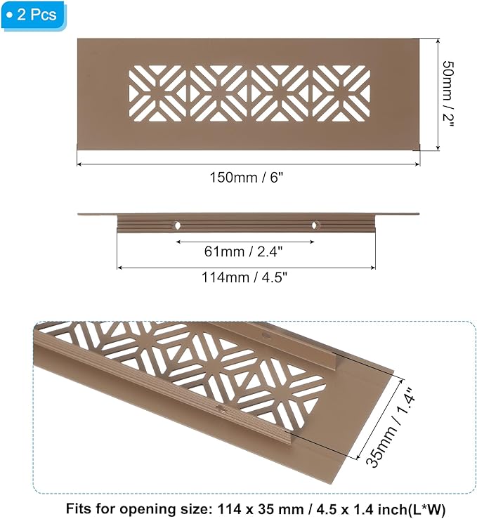 PATIKIL 6 x 2 Inch Door Air Vent Cover, 2 Pcs Heavy Duty Aluminum Grille Ventilation Cover Louvered with Mounting Screws for Cabinet Wardrobe Door, Brown