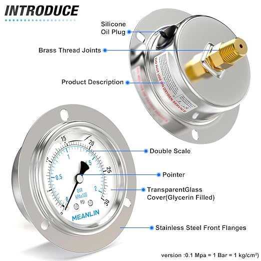MEANLIN MEASURE 0~30Psi Liquid Filled Pressure Gauge Front Flange Panel Mount, 1/4" NPT 2.5" FACE DIAL Stainless Steel Case with Phillips Screw, Nut and Brass Hex Bushing, +/-3-2-3%