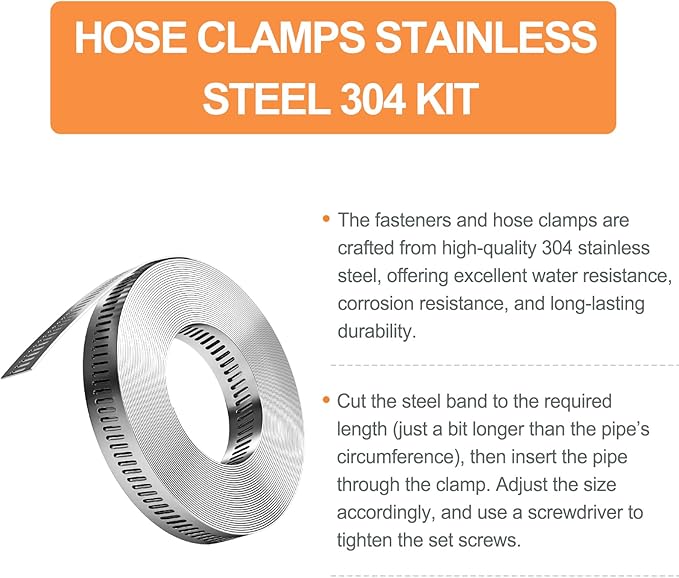 GASHER 32FT 304 Stainless Steel Hose Clamps DIY Kit, Metal Strapping with Holes + 25 Stronger Fasteners, Adjustable Pipe Worm Clamps, For Duct, Radiator, Fuel Line, Pool, Pipe