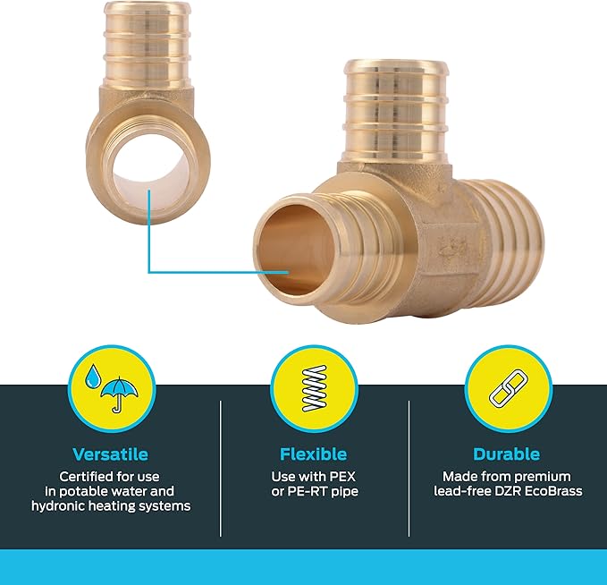 SharkBite 1 Inch x 3/4 Inch x 3/4 Inch Crimp Reducing Tee, Brass Plumbing Fitting, PEX Pipe, PE-RT, UC414LFA