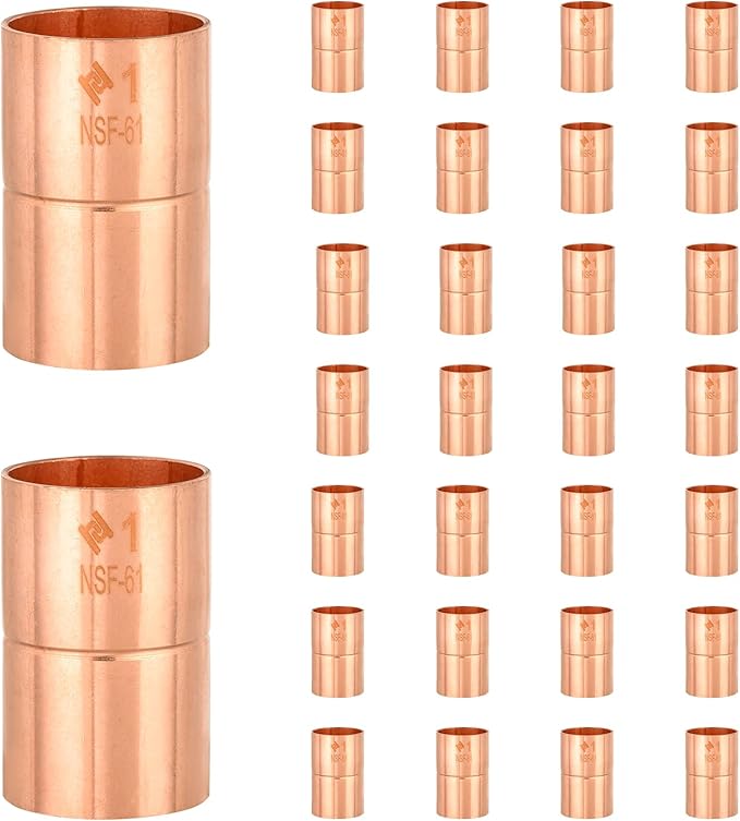 HeSun 30-Pack Copper Fittings, 1-Inch Copper Coupling with Rolled Stop, C x C with Sweat Solder Connection