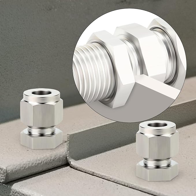 TAISHER 1PCS 304 Stainless Steel Thru-Bulk Bulkhead Compression Tube Pipe Fitting Connector, 1/8" Tube OD x 1/8" Tube OD Straight Adapter