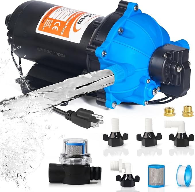 Upgraded 110V AC Fresh Water Pump, 7GPM 70PSI, Five Chamber Self-Priming Diaphragm Pump with Heavy Duty Pressure Switch & Strainer for RV, Marine，Home Water System, Irrigating & Industrial Settings