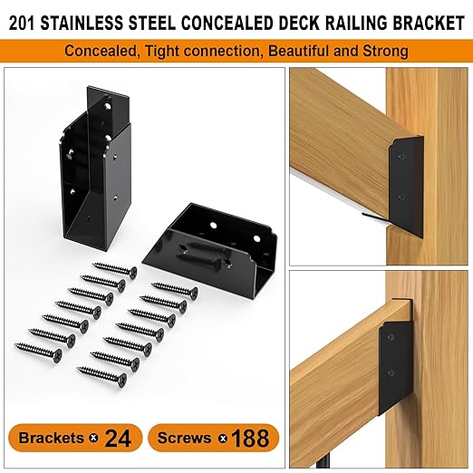 30° Stair Angle Stainless Steel Deck Railing Brackets Connectors for 2"x4" (Actual 1.5"x3.5") Railing Wood Post Stair Fence Railing Connectors with Coated Wood Screws,(24 Pair/Black)
