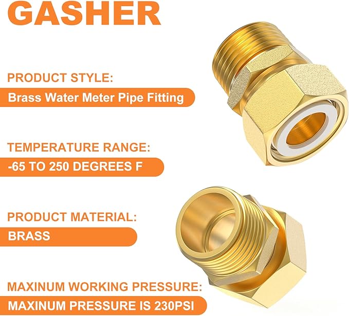 GASHER 2Pcs Brass Water Meter Pipe Fitting，1/2" NPT Male x 1/2" Female Adapter Pipe Fitting