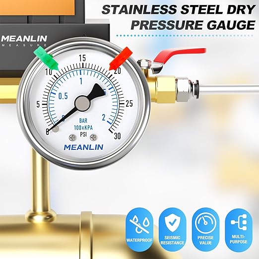 MEANLIN MEASURE 0~30Psi Dry Low Pressure Gauge Stainless Steel 1/4" NPT 2" FACE DIAL Waterproof for Pool Sand Filter Water Oil Air Pressure Test Back Mount (with 2PCS Snaps)