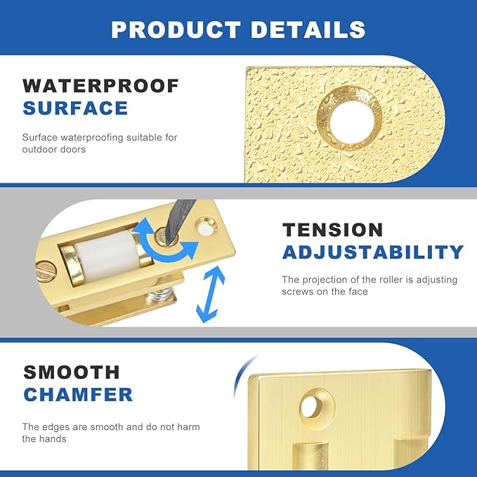 HOMOTEK 2 Pack Commercial Heavy Duty Door Roller Catch, Drive in Ball Catch with Strike Plate Solid Zinc Adjustable Silent Door Latch, Spring Tension Roller, Brushed Brass