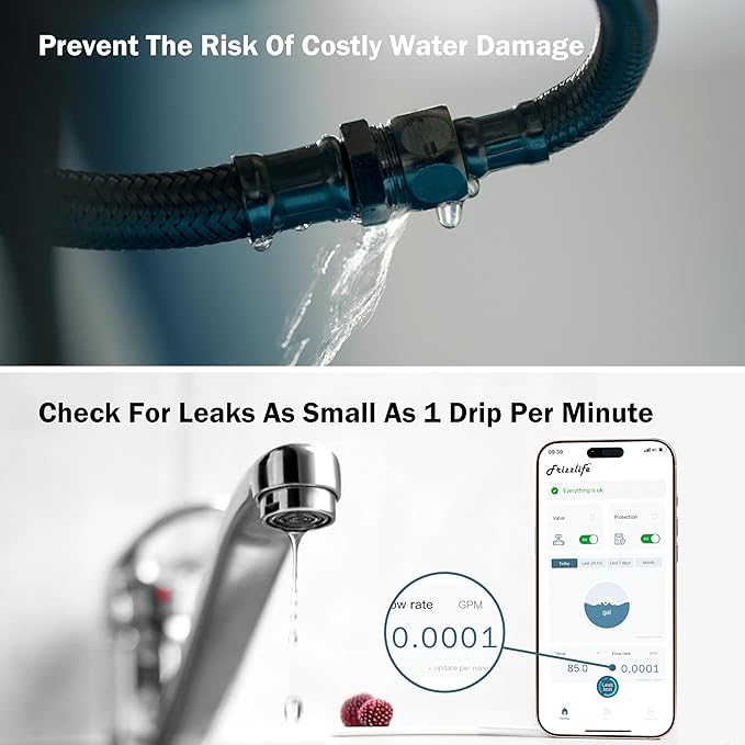 Frizzlife LP365 Smart Water Monitor and Automatic Shutoff - 0.01GPM Ultrasonic Micro Leak Detection, APP Wi-Fi Remote Control, Real-Time Flow/Temp Monitoring, 24/7 Water Usage Reports, 3/4" and 1"