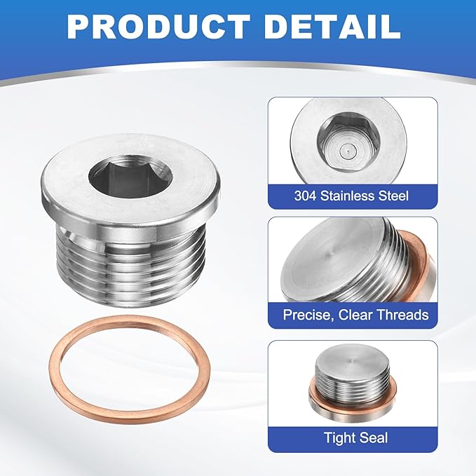 PATIKIL M27 x 2 Metric Pipe Plug Fitting, 304 Stainless Steel Internal Hex Head Socket Pipe Cap Adapter Connector with Copper Washer for Sealing Oil Gas Water
