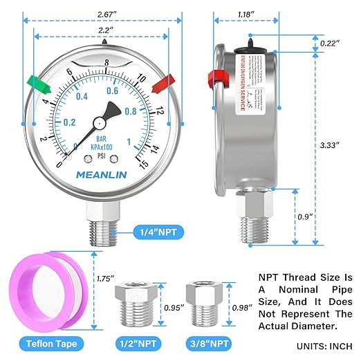 MEANLIN MEASURE 0~15Psi Stainless Steel Liquid Filled Pressure Gauge 2.5" FACE DIAL 1/4" NPT for Water Oil Air Well Pump Tank Tire Pressure Test Lower Mount with Stainless Steel Hex Bushing and Snaps