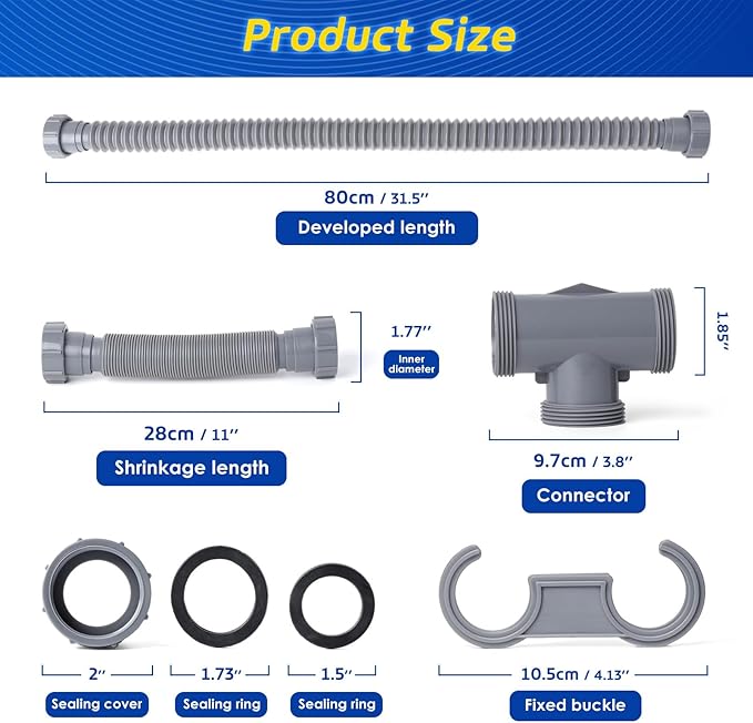 Sink Drain Pipe Kit - Expandable Flexible P-Trap for 1 1/2" or 1 1/4" Drains, Complete with Connectors and Adapter, Adjustable Installation, Ideal for Kitchen, Bathroom(Grey)