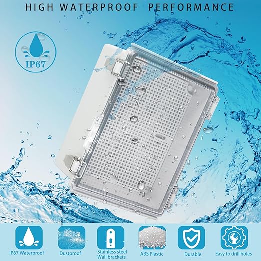 Waterproof Electrical Box with Mounting Plate, IP67 Junction Box Stainless Steel Latch Hinged Clear Cover Project Enclosure with Wall Bracket and 2 Glands 8.3" x 6.3" x 3.9"