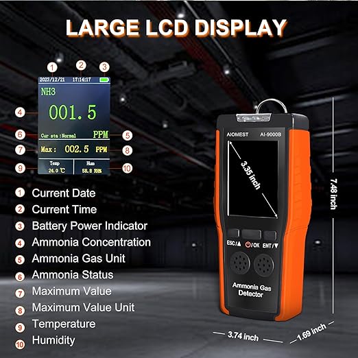 Ammonia NH3 Gas Detector Handheld Ammonia Sensor, AIOMEST Medidor Amoniaco Meter AI-9000B Monitor NH3 Air Level 100PPM w/Data Logging & Alert, Temperature Humidity for Horse Stall Poultry Farm