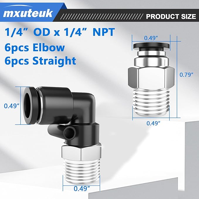 mxuteuk 1/4" Push to Connect Fittings,1/4" OD to 1/4" NPT Air Hose Fittings,1/4" Quick Connect Fitting,Pneumatic Elbow and Straight Combination(12PCS)