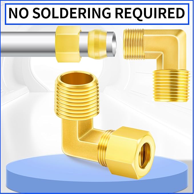 ChillWaves Brass Compression Tube Fitting, 1/4" OD x 3/8" NPT Male 90 Degree Elbow Compression Union Connector(5-PACK)